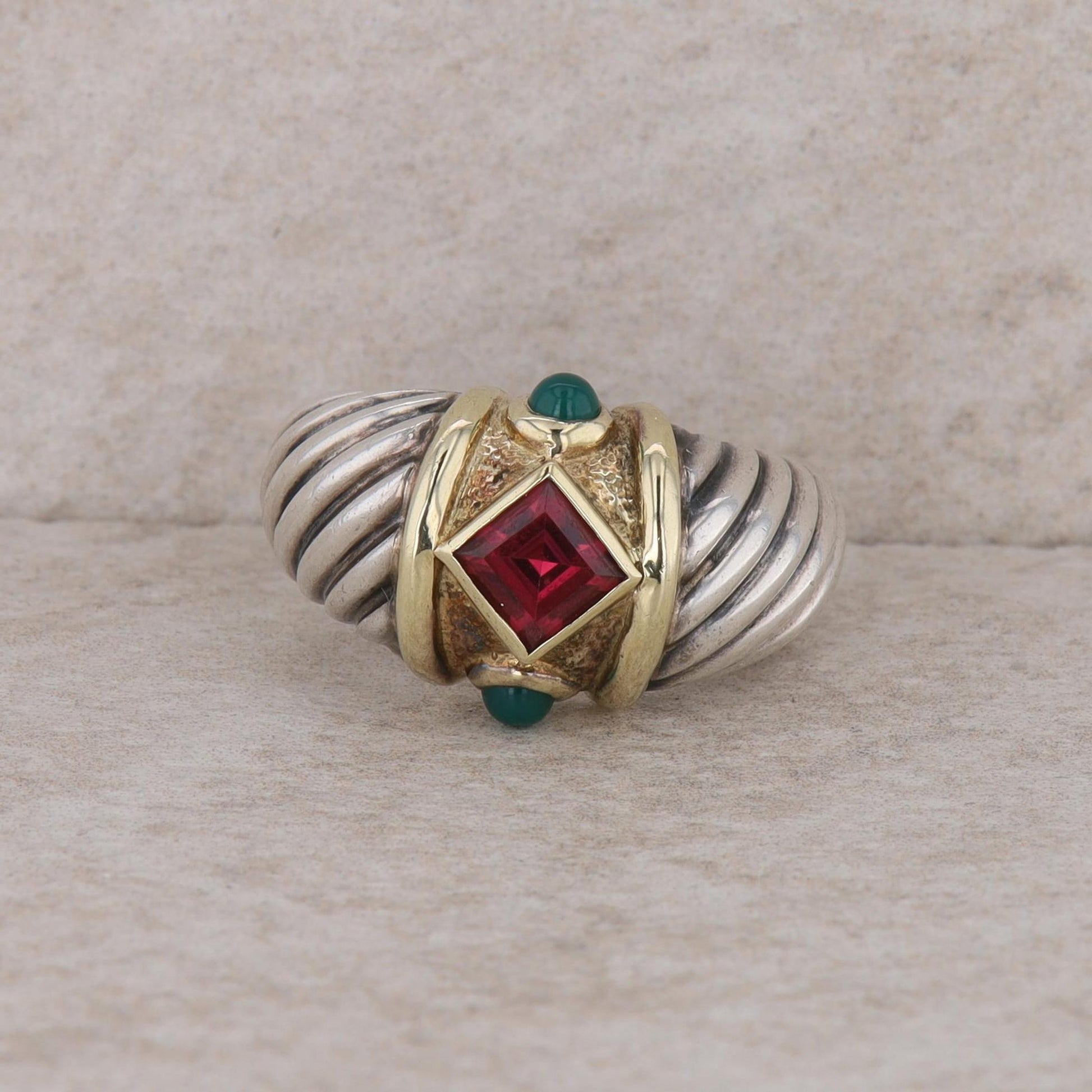 David Yurman Sterling Silver and 18ky Gold Chrysoprase & Rhodolite Garnet Ring