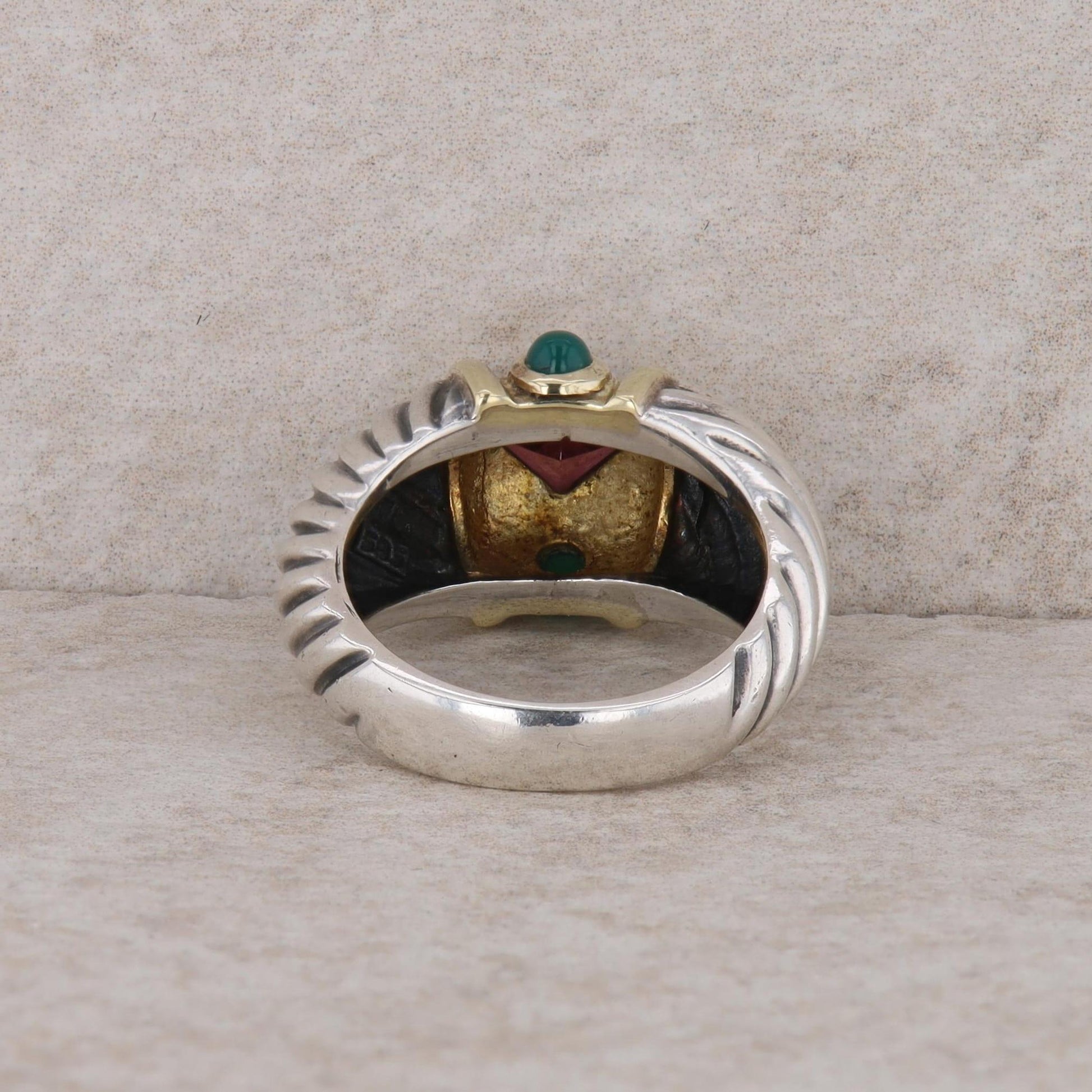 David Yurman Sterling Silver and 18ky Gold Chrysoprase & Rhodolite Garnet Ring