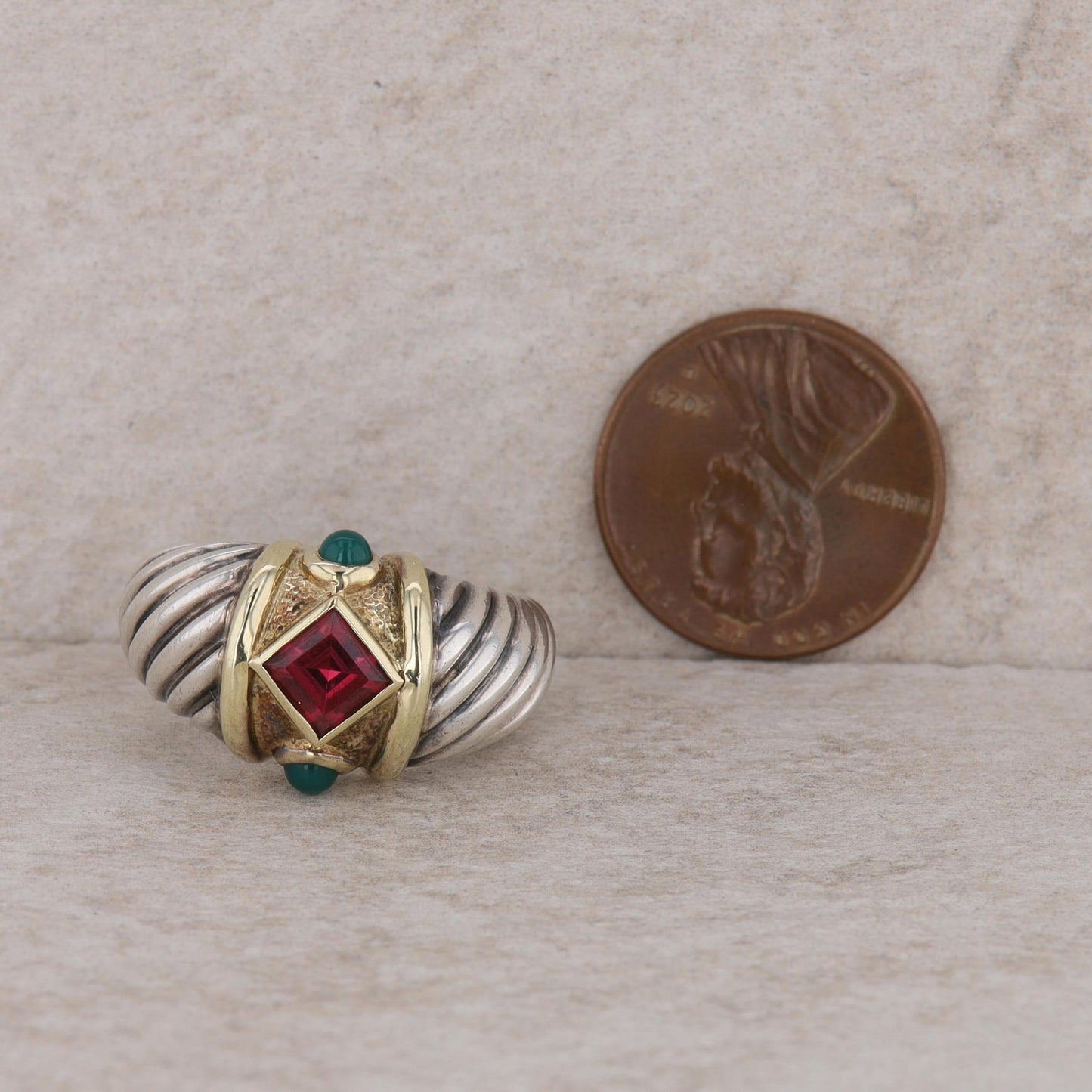 David Yurman Sterling Silver and 18ky Gold Chrysoprase & Rhodolite Garnet Ring