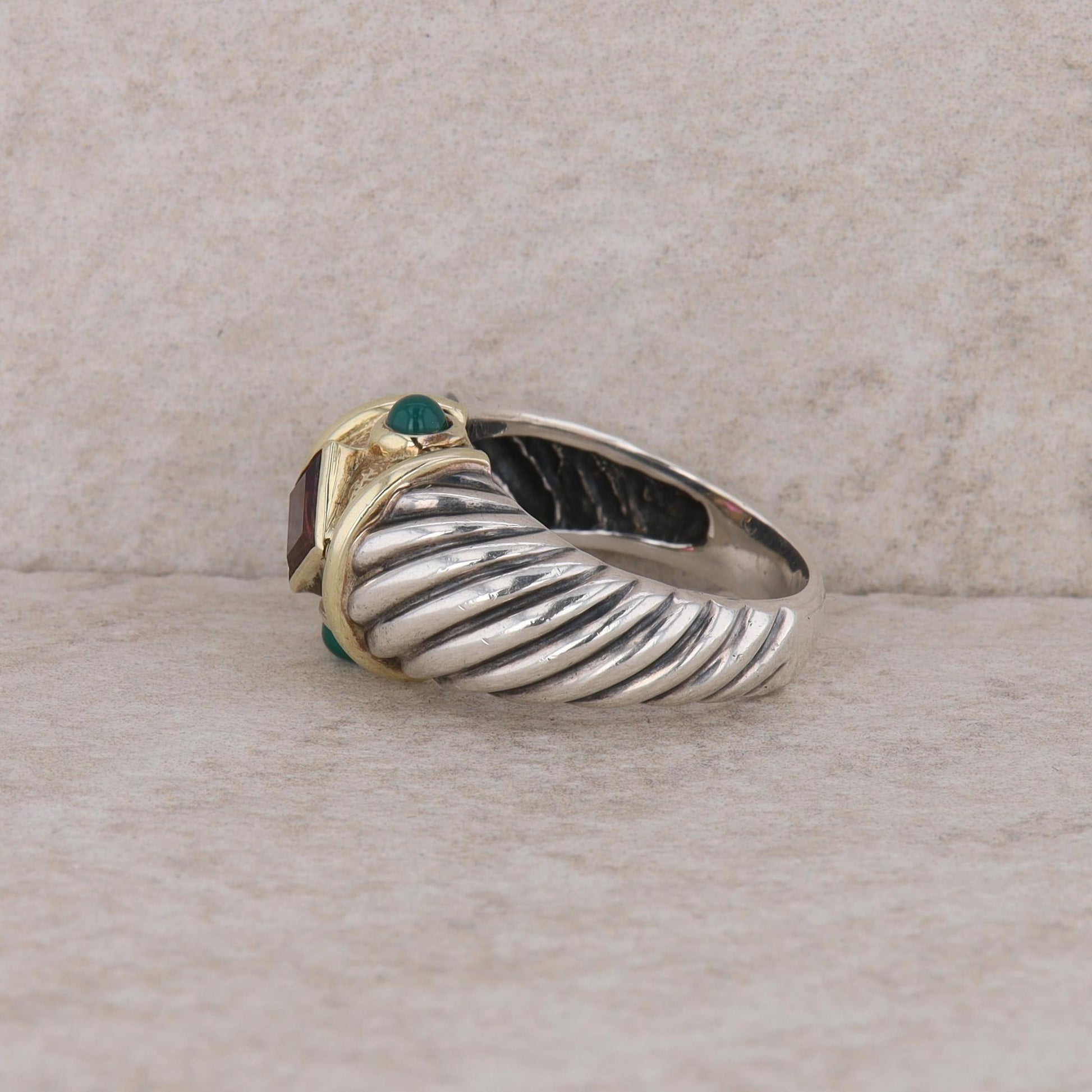 David Yurman Sterling Silver and 18ky Gold Chrysoprase & Rhodolite Garnet Ring