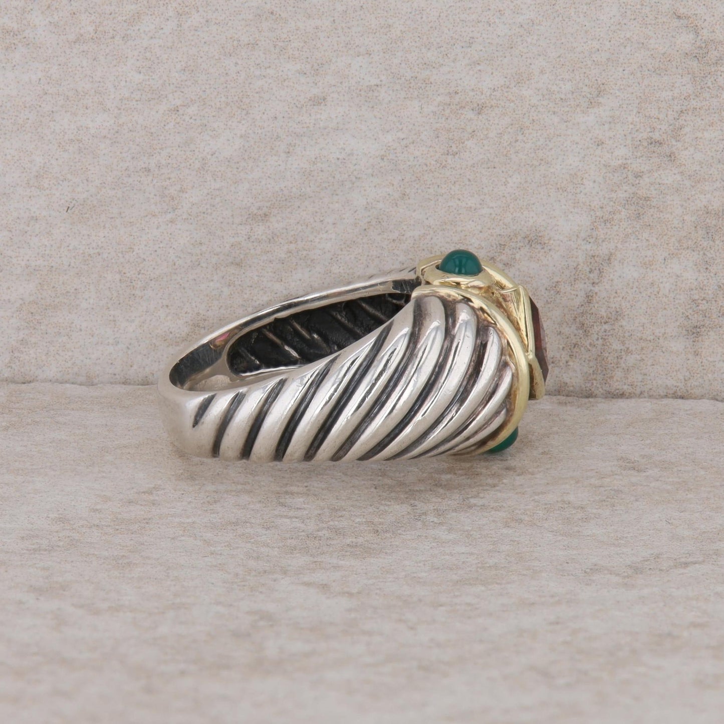 David Yurman Sterling Silver and 18ky Gold Chrysoprase & Rhodolite Garnet Ring