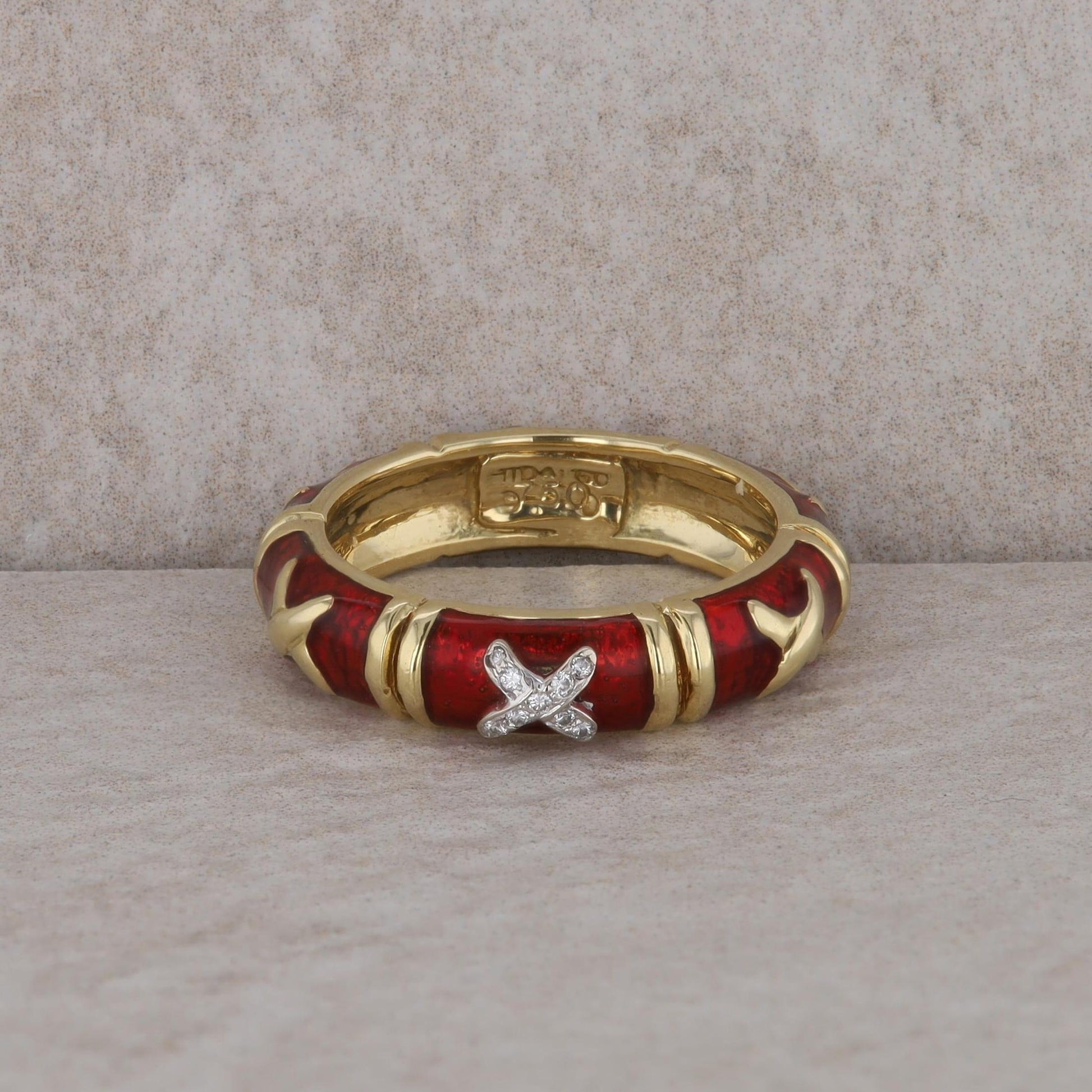 18k Yellow Gold Hidalgo X Diamond and Gold Red Enamel Eternity Band