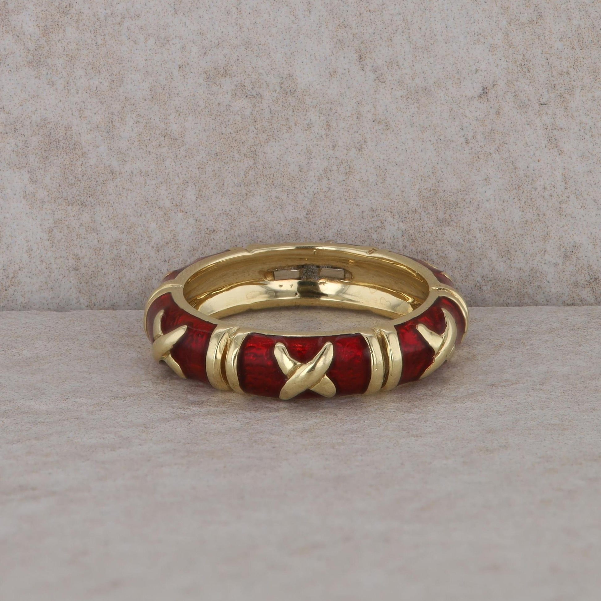 18k Yellow Gold Hidalgo X Diamond and Gold Red Enamel Eternity Band