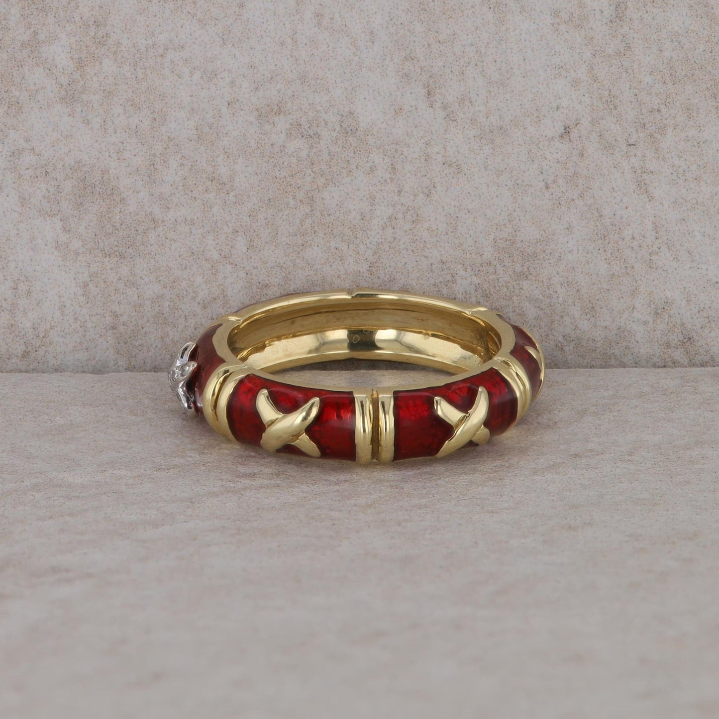 18k Yellow Gold Hidalgo X Diamond and Gold Red Enamel Eternity Band