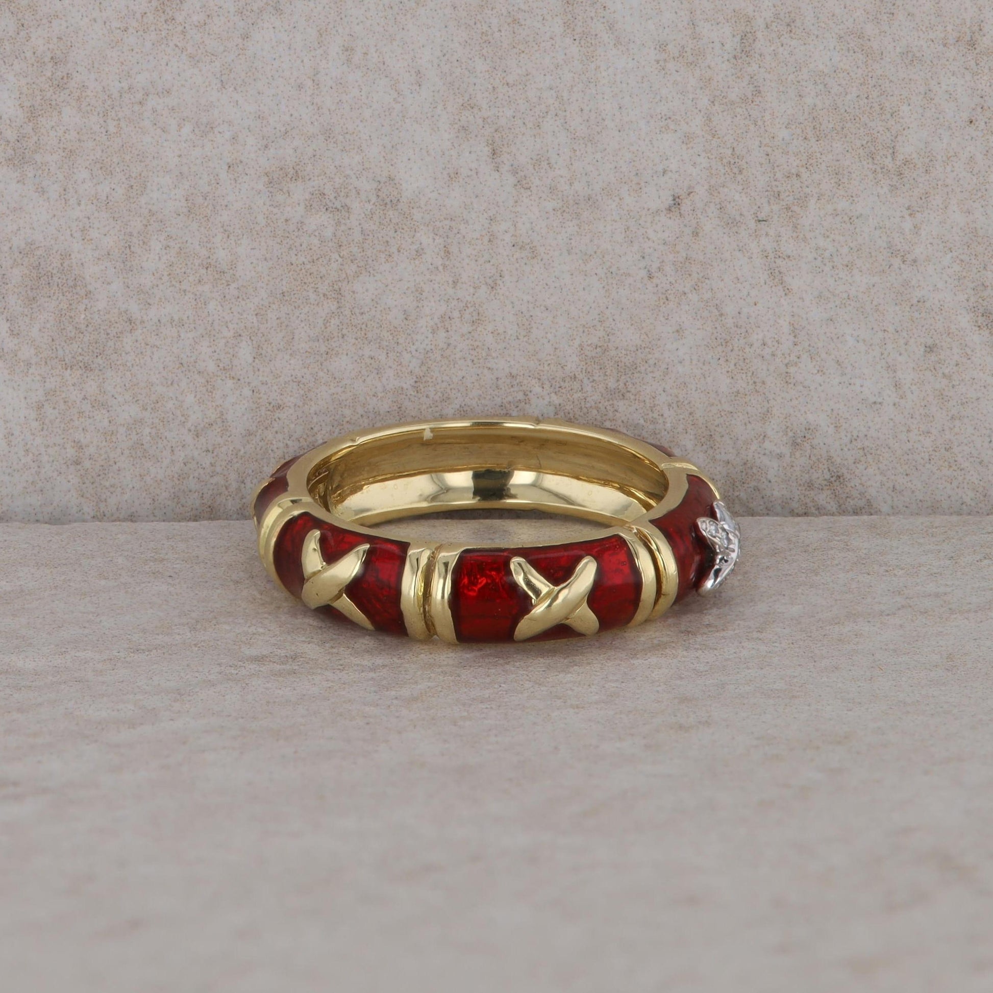 18k Yellow Gold Hidalgo X Diamond and Gold Red Enamel Eternity Band