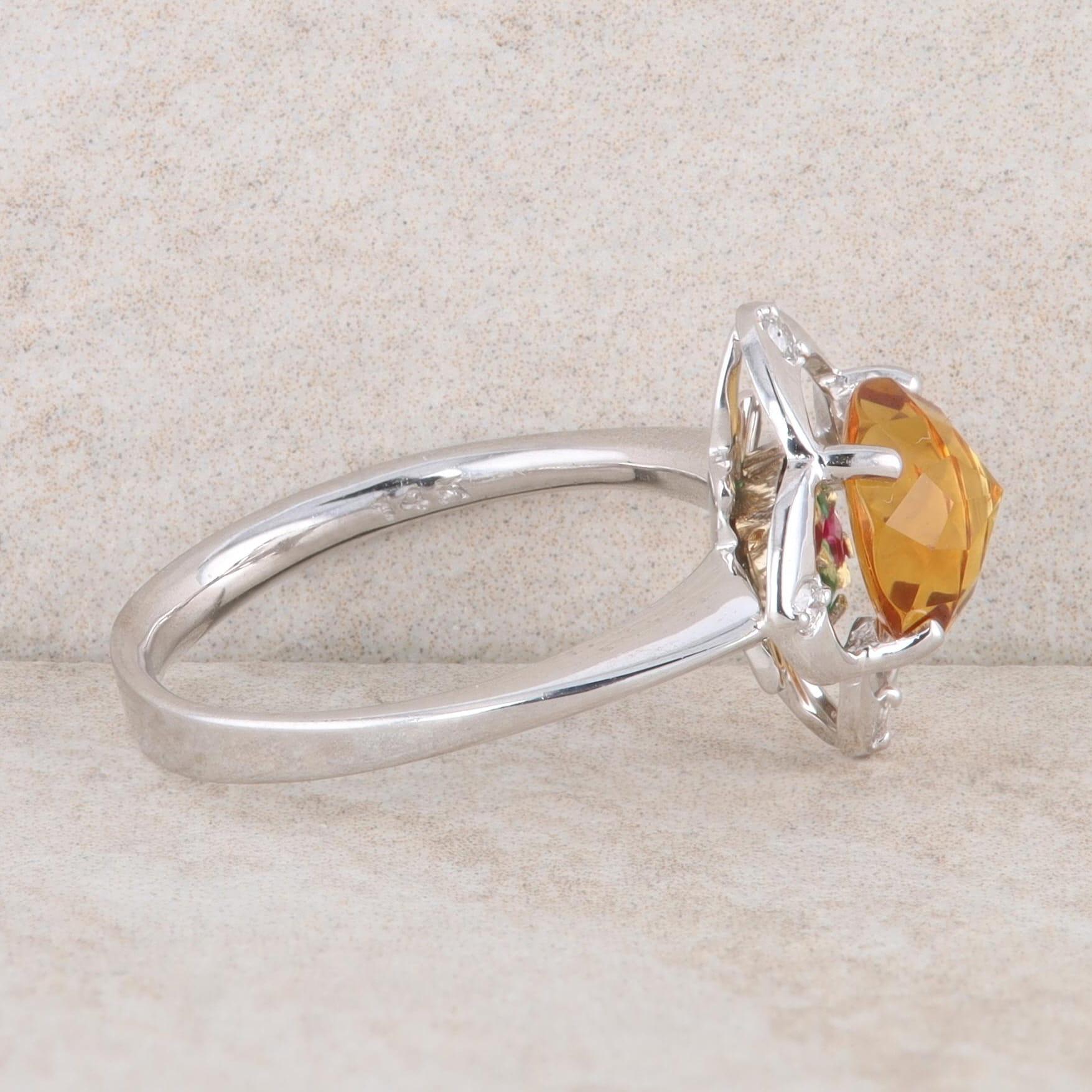 14k White Gold Galatea Davinci Cut Center Citrine and Diamond Ring