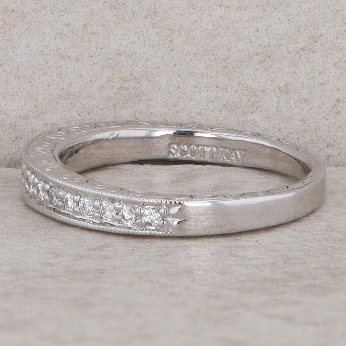 Scott Kay 14k White Gold Floral Engraved Diamond Band