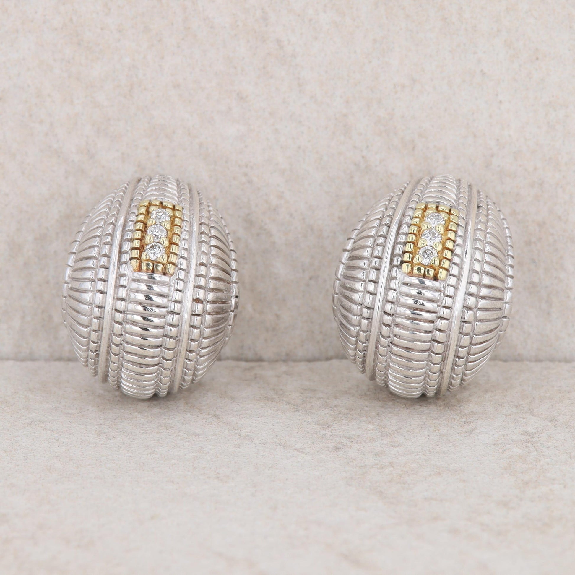 Judith Ripka Sterling Silver and 18k Textured Clip-on Huggie Hoop Earrings 16.7g