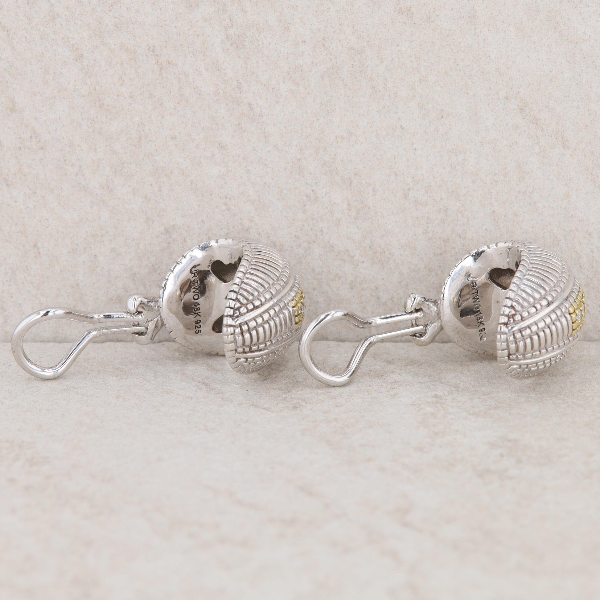 Judith Ripka Sterling Silver and 18k Textured Clip-on Huggie Hoop Earrings 16.7g
