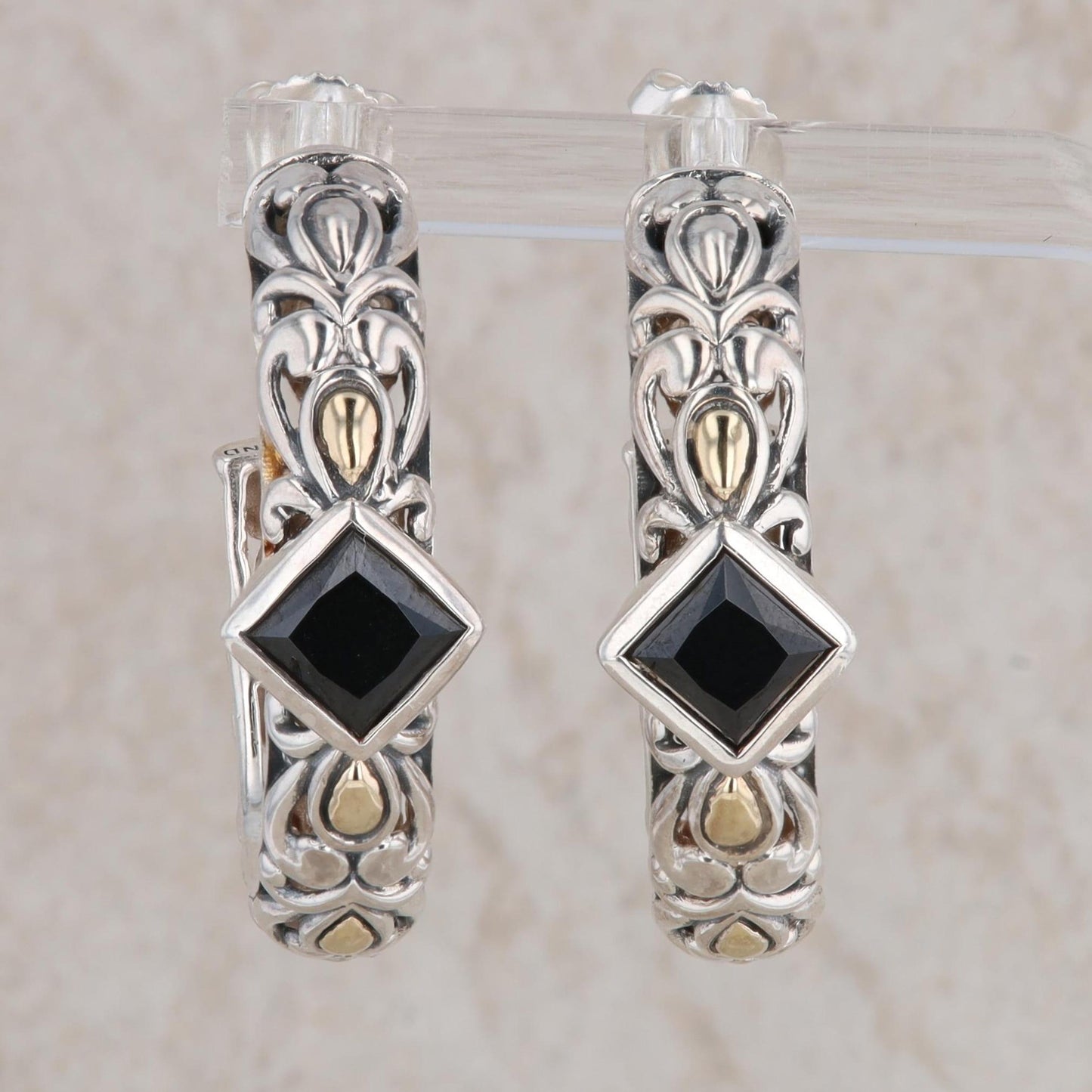 Sterling Silver & 14k Yellow Gold Black CZ Filigree Hoop Earrings, John Hardy