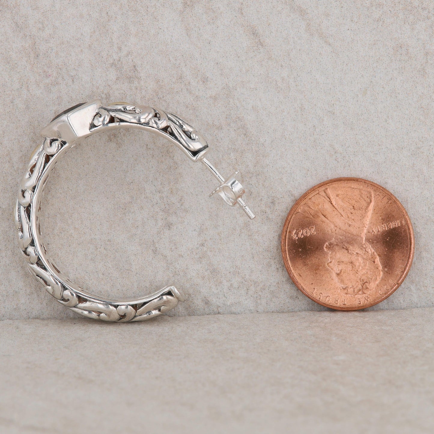 Sterling Silver & 14k Yellow Gold Black CZ Filigree Hoop Earrings, John Hardy