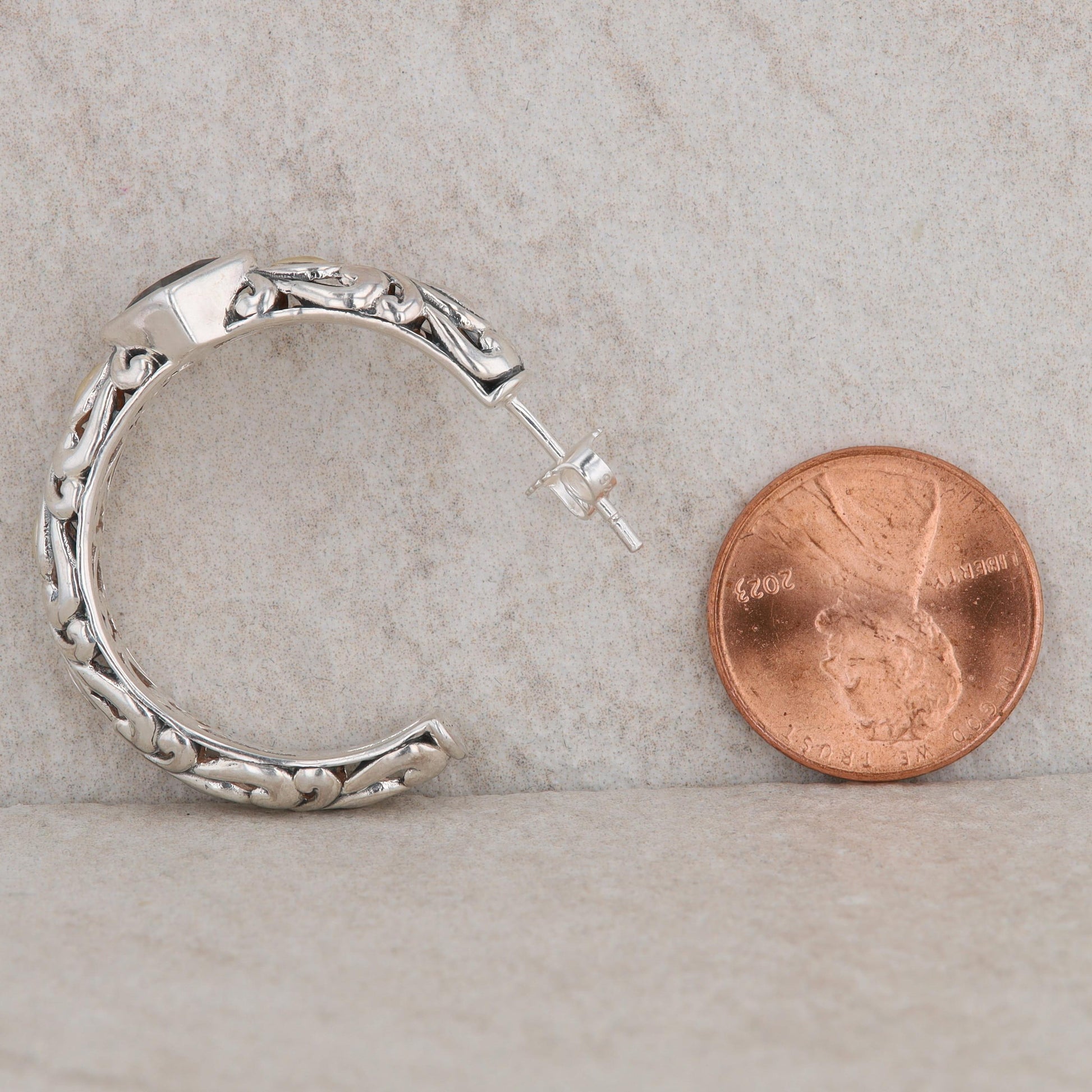 Sterling Silver & 14k Yellow Gold Black CZ Filigree Hoop Earrings, John Hardy