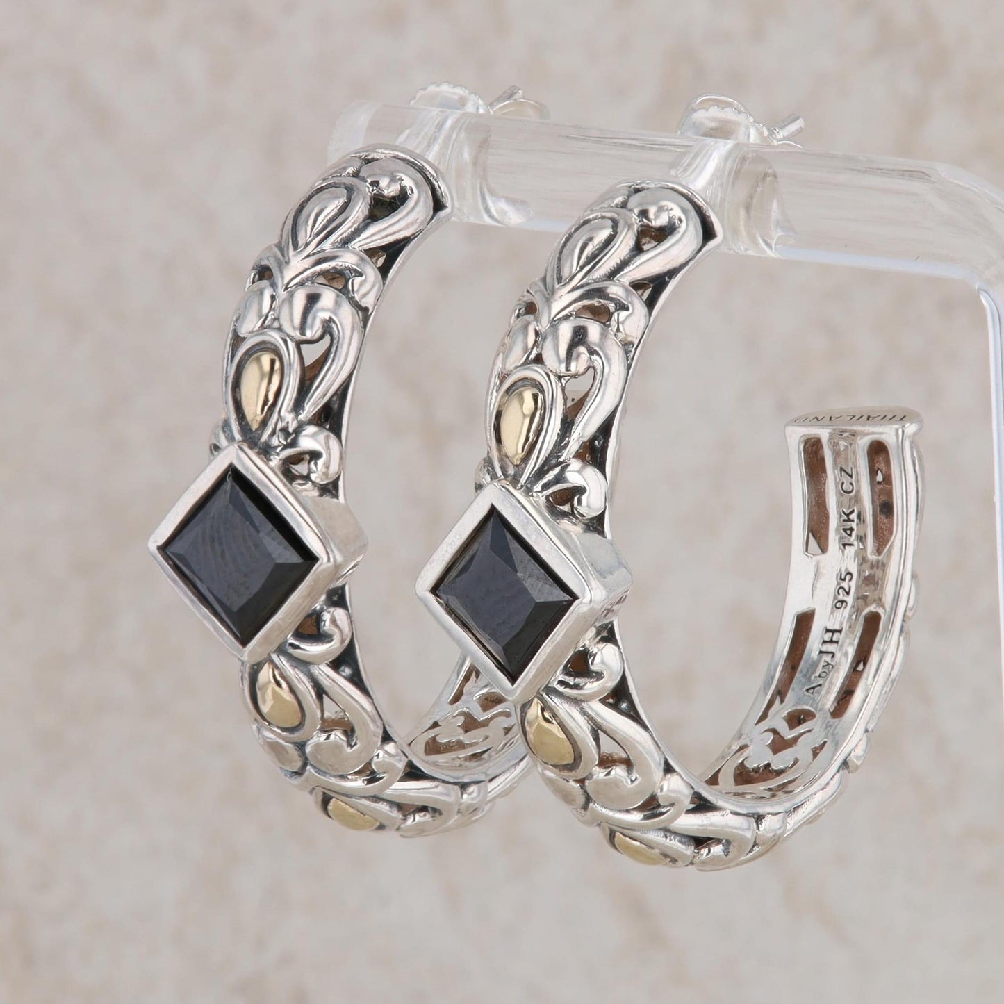Sterling Silver & 14k Yellow Gold Black CZ Filigree Hoop Earrings, John Hardy