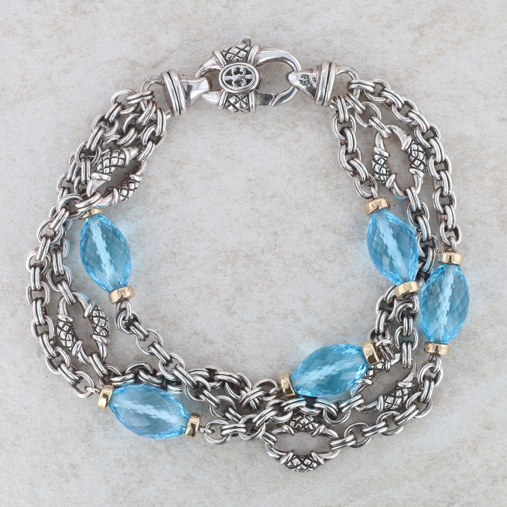Sterling Silver & 18k Yellow Gold Blue Topaz 3 Strand Bracelet, Scott Kay