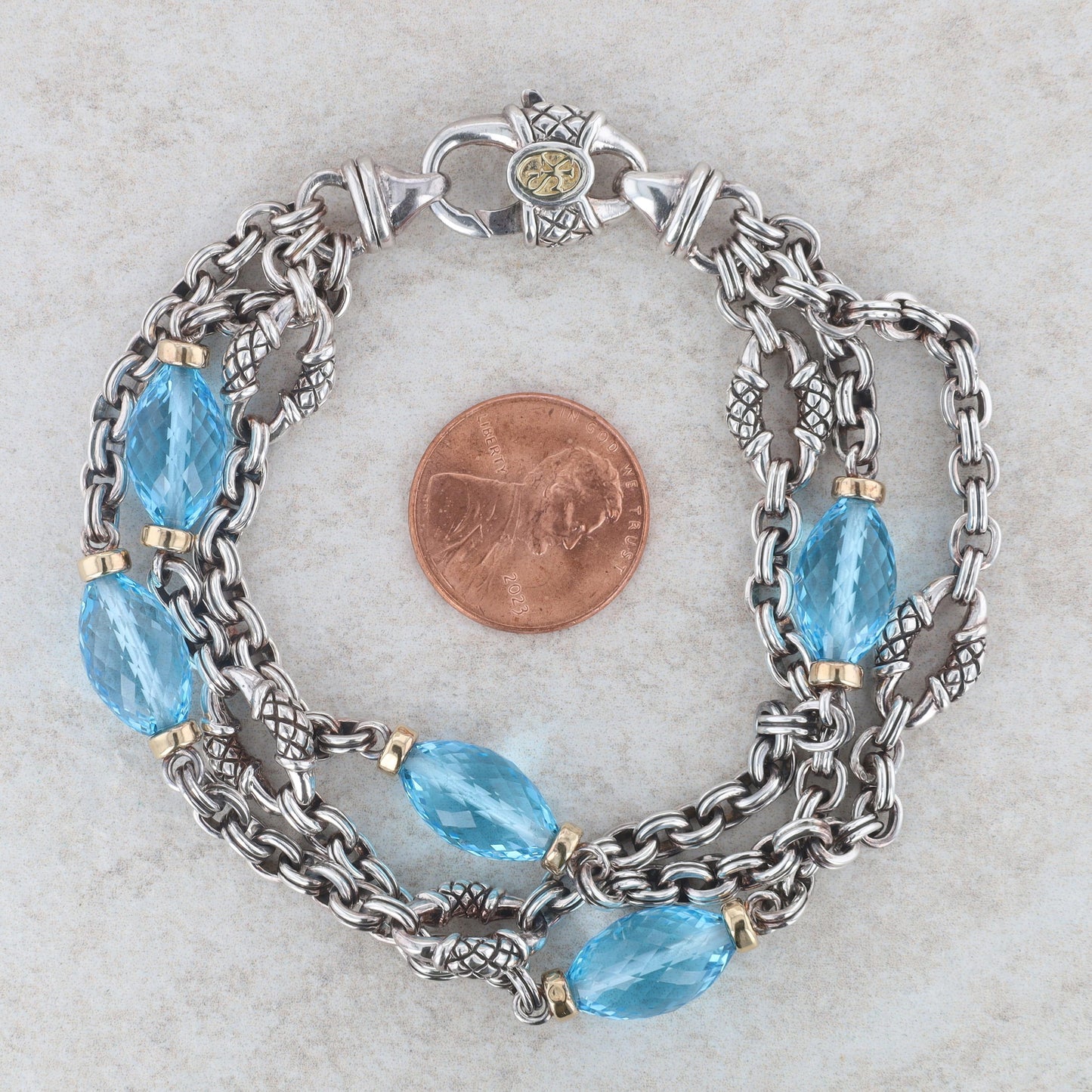 Sterling Silver & 18k Yellow Gold Blue Topaz 3 Strand Bracelet, Scott Kay