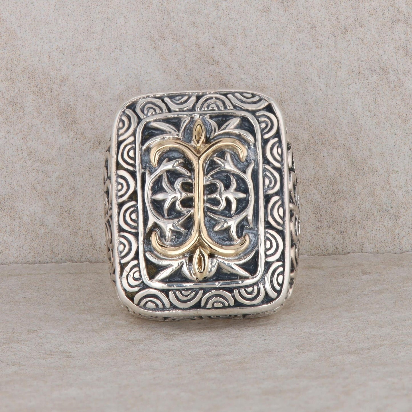 Sterling Silver & 18k Yellow Gold Rectangle Filigree Ring