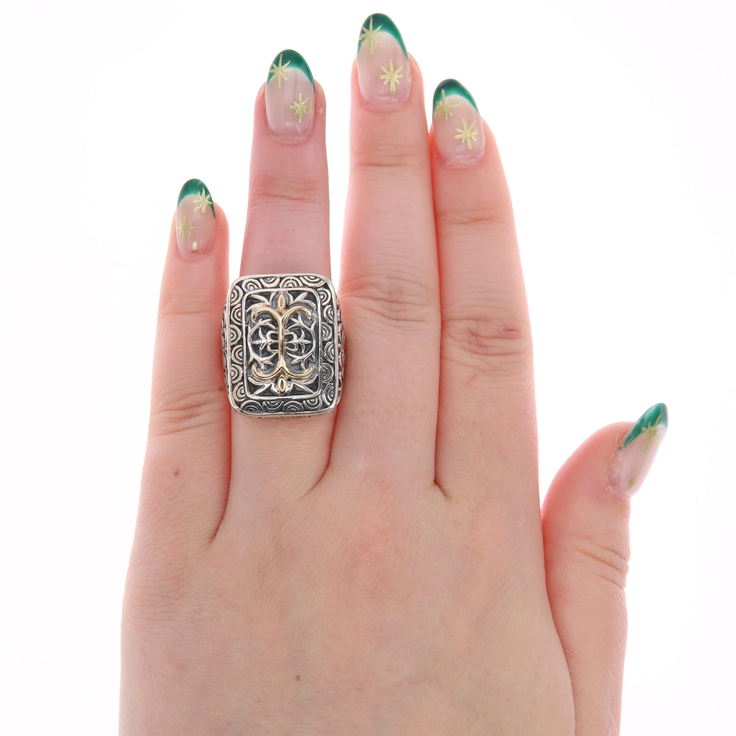 Sterling Silver & 18k Yellow Gold Rectangle Filigree Ring