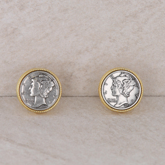 Genuine Mercury Dime Coins in Gold Tone Cufflinks with Matching Tie Tac