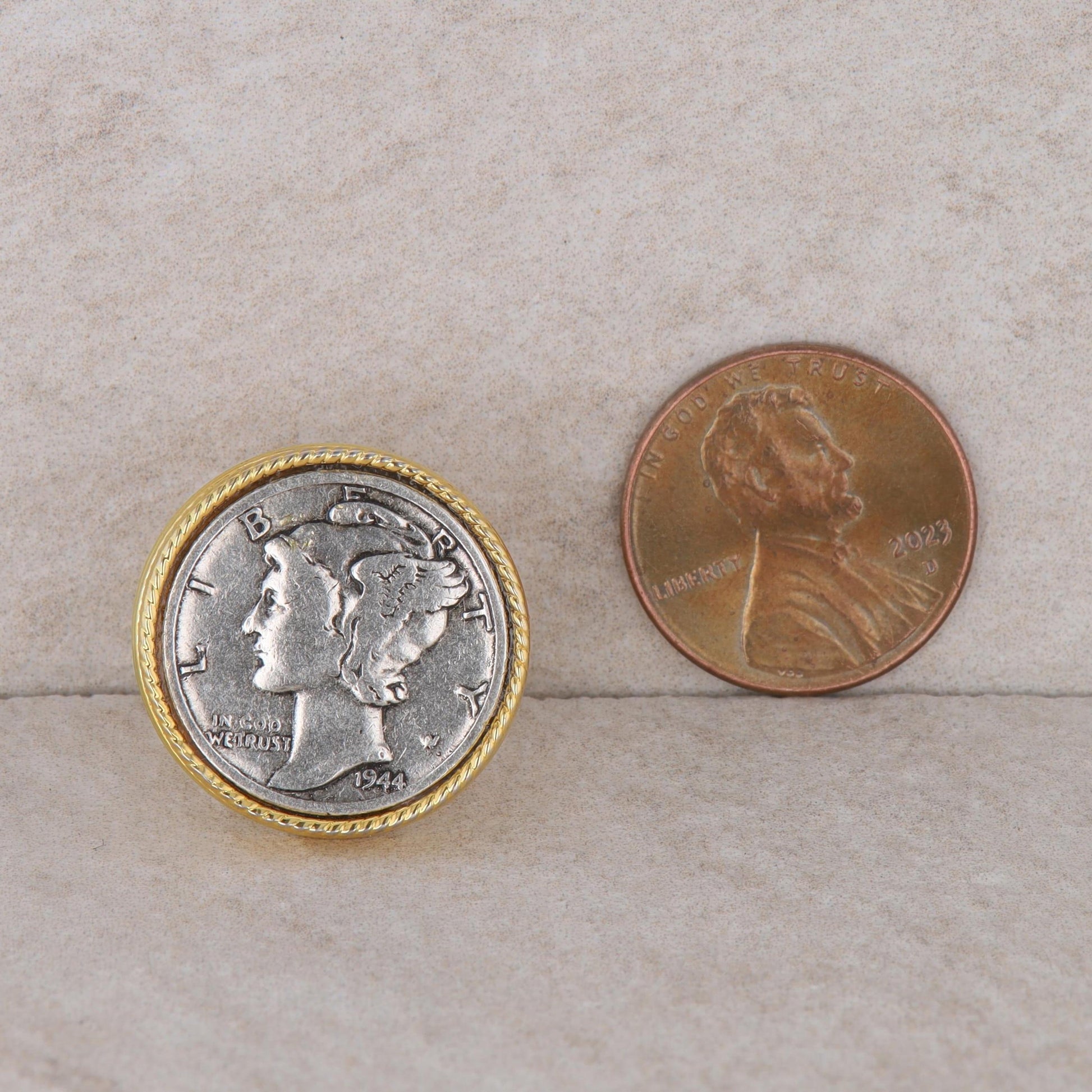 Genuine Mercury Dime Coins in Gold Tone Cufflinks with Matching Tie Tac