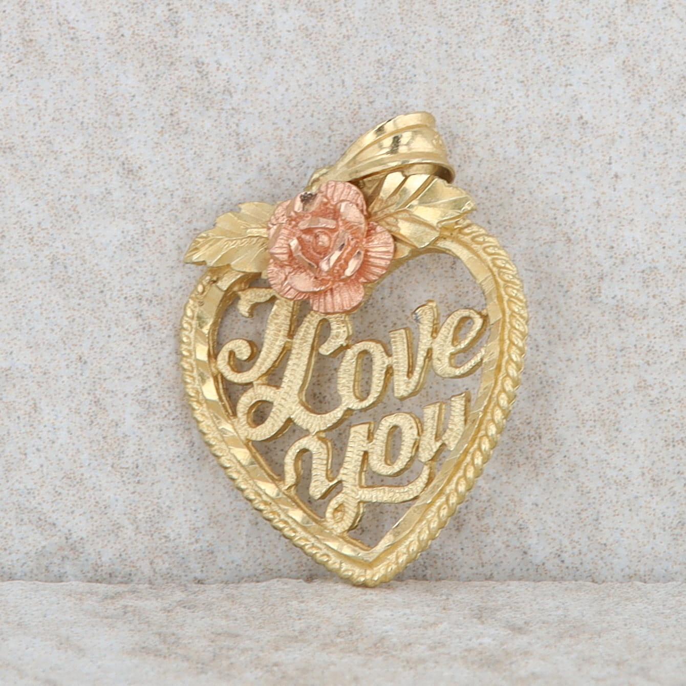 14k Yellow Gold I Love You Heart with Rose Pendant