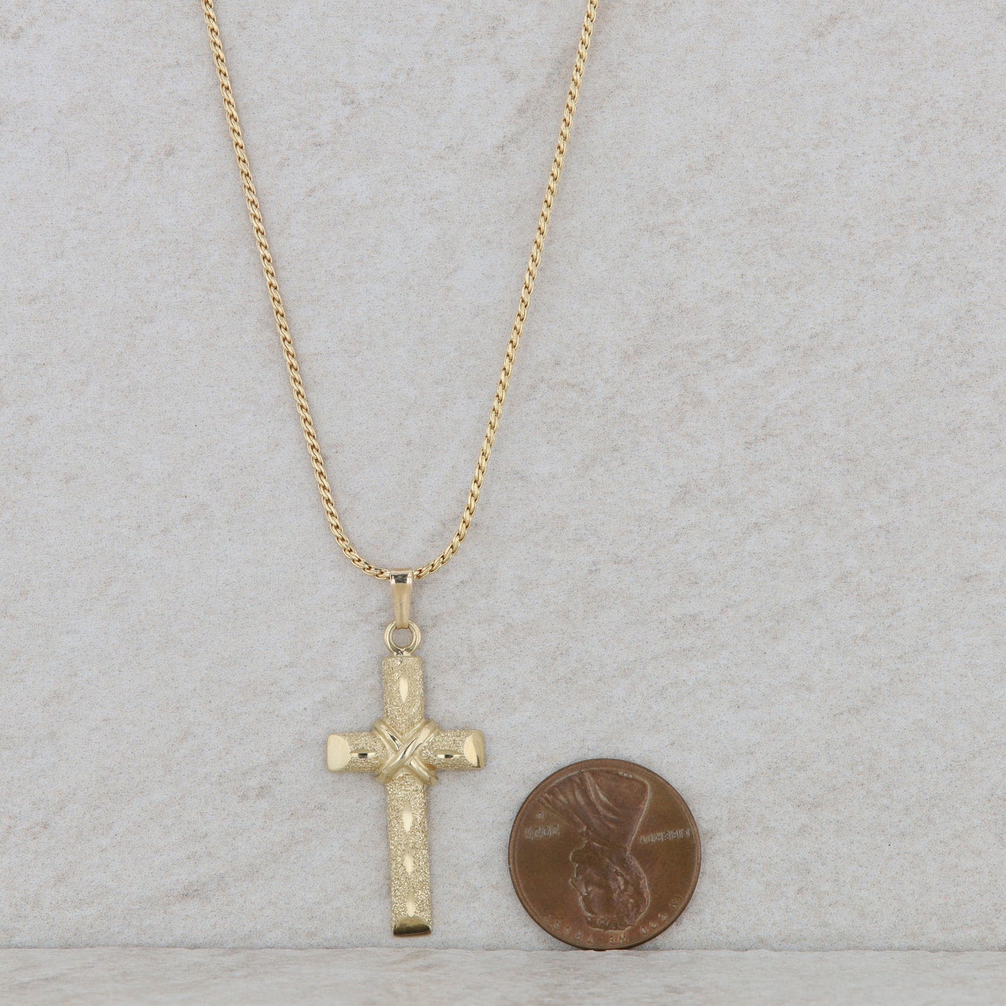 14k Yellow Gold Textured Cross Necklace 6.6g