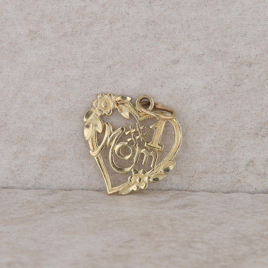 14k Yellow Gold Number One Mom Heart Charm Pendant 0.85g