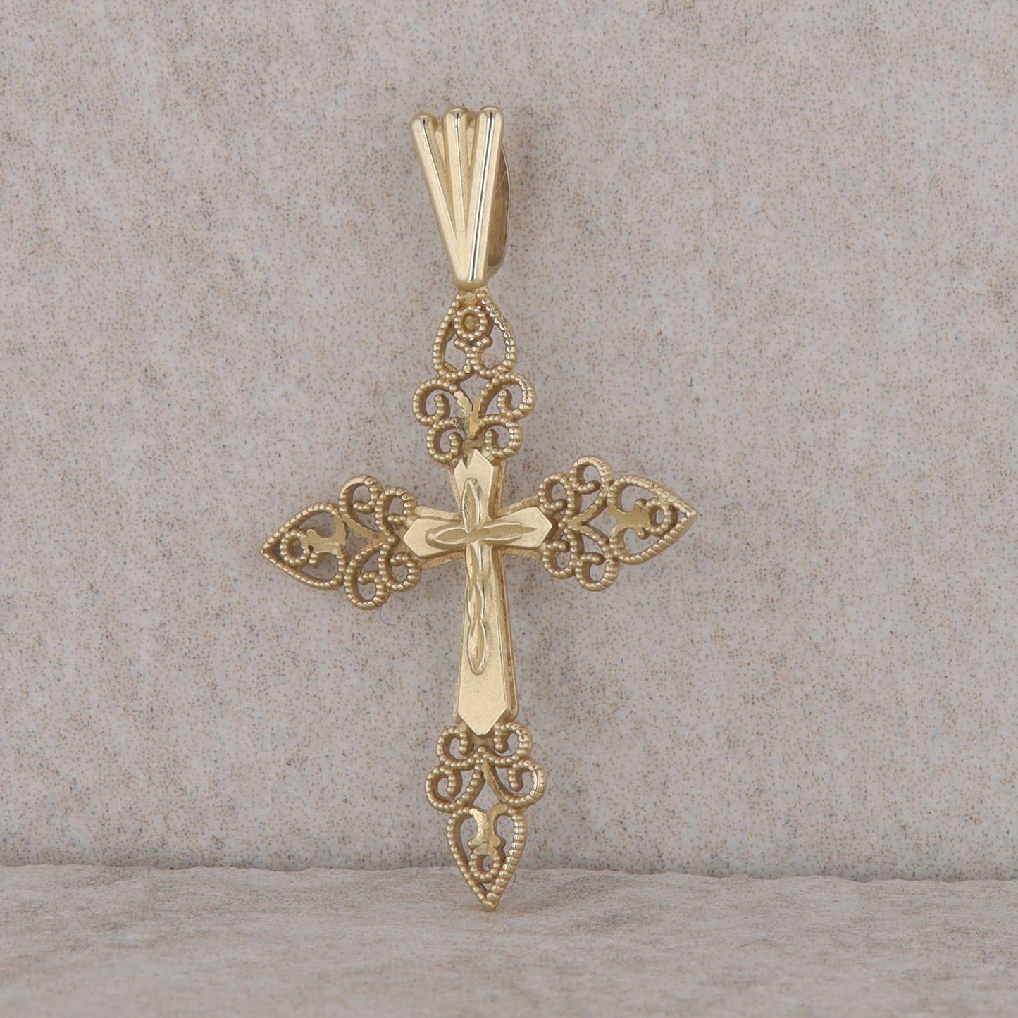 14k Yellow Gold Floral Milgrain Beading Cross Pendant