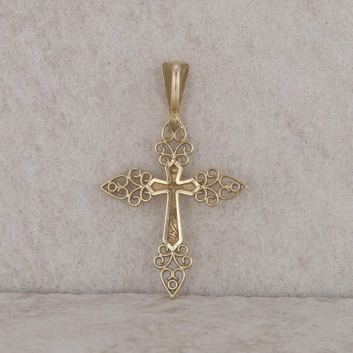 14k Yellow Gold Floral Milgrain Beading Cross Pendant