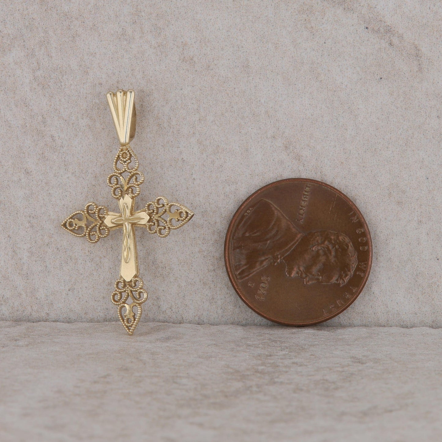 14k Yellow Gold Floral Milgrain Beading Cross Pendant