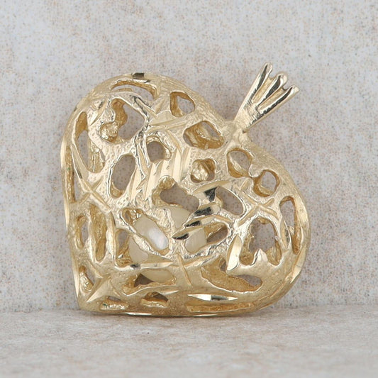 14k Yellow Gold Cultured Pearl Cutwork Puff Heart Pendant