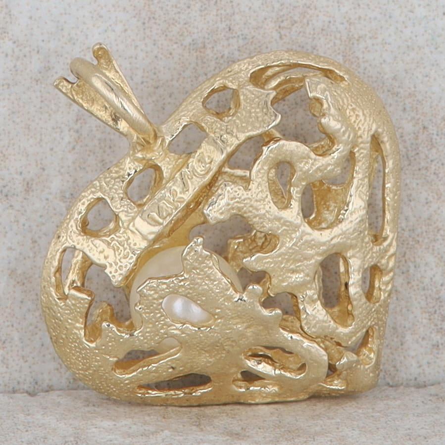 14k Yellow Gold Cultured Pearl Cutwork Puff Heart Pendant