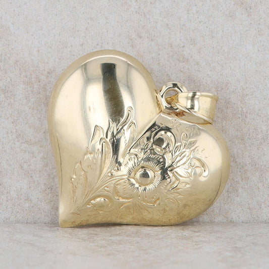 14k Yellow Gold Puffed Engraved Floral Heart Pendant, 2.8g