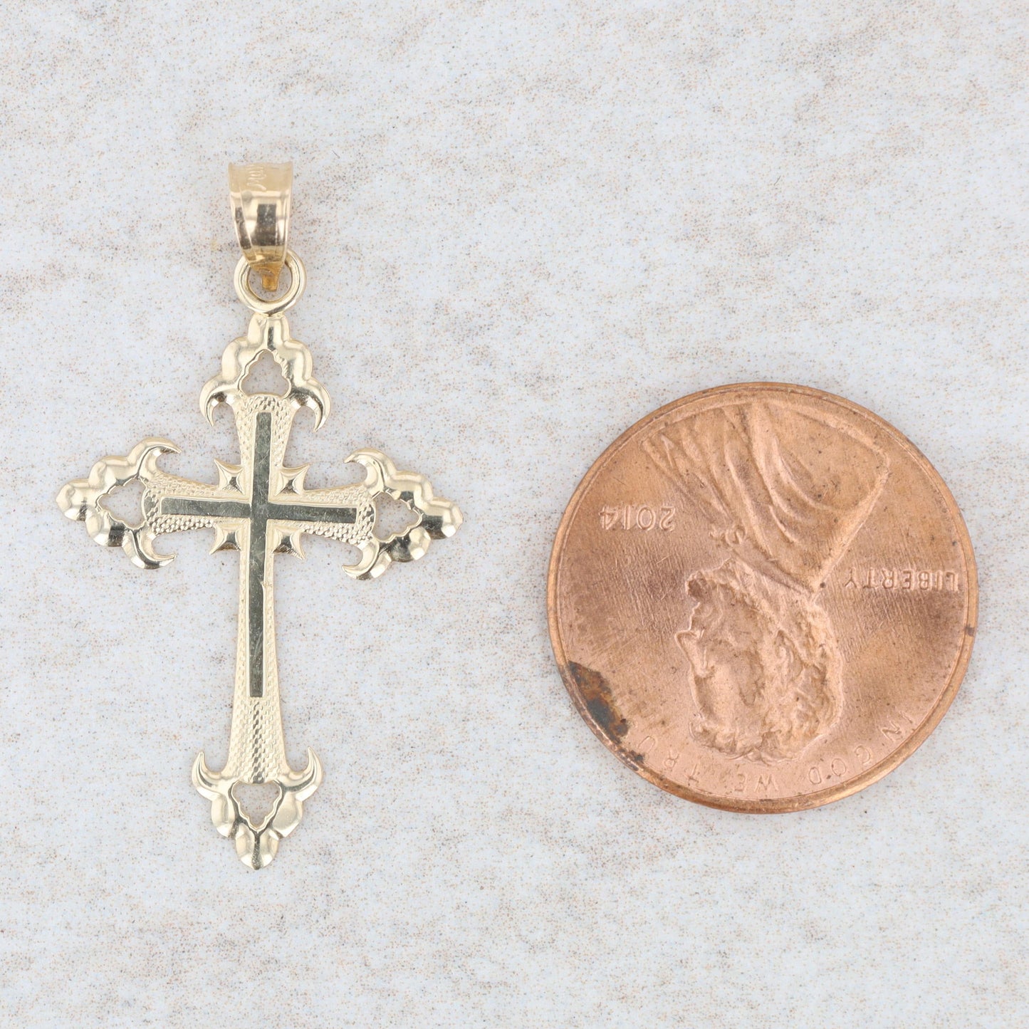 14k Yellow Gold Filigree and Textured Cross Pendant, 0.8g