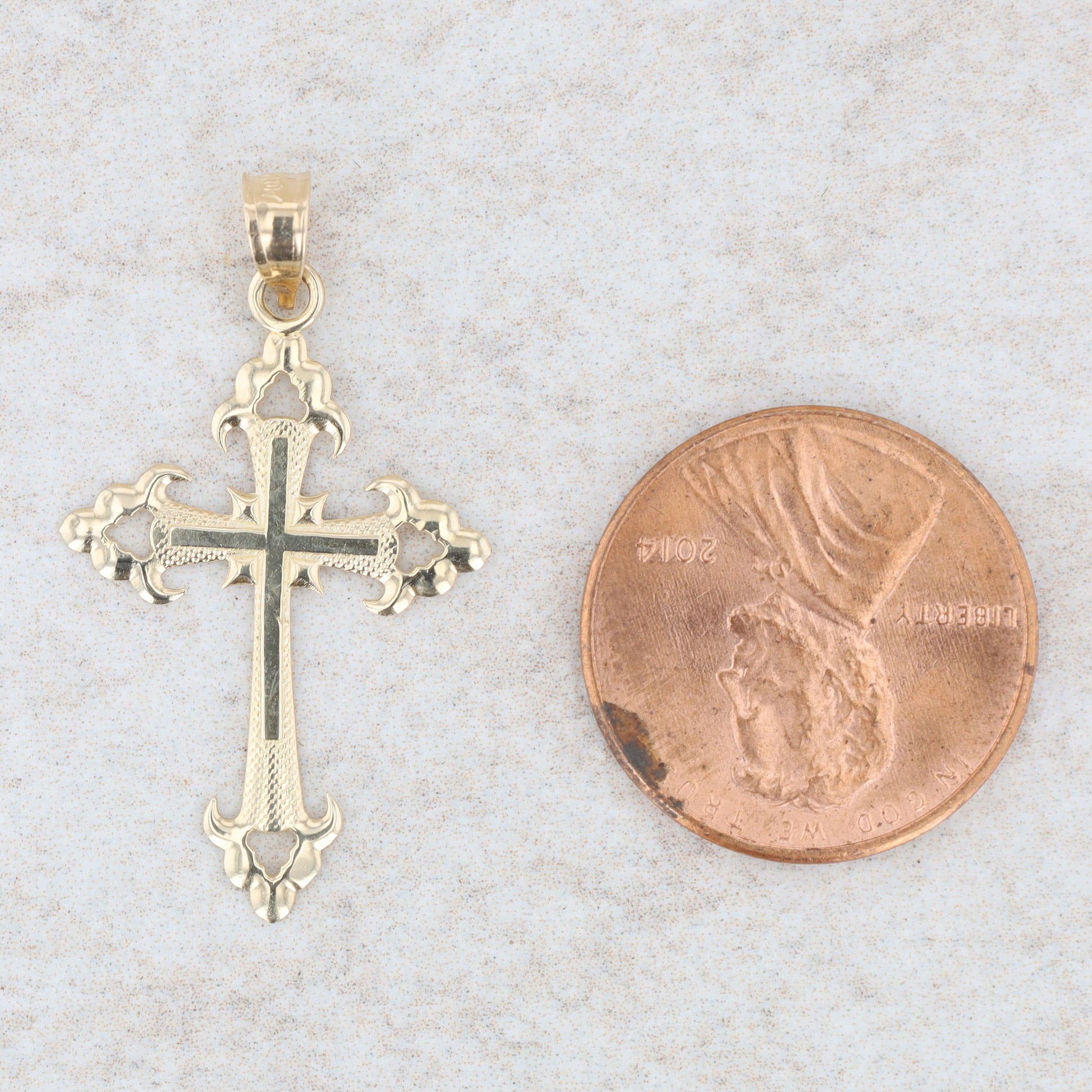 14k Yellow Gold Filigree and Textured Cross Pendant, 0.8g