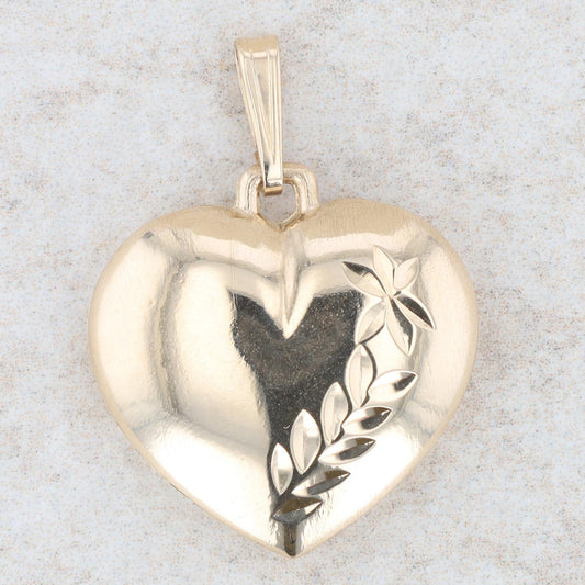 14k Yellow Gold Diamond Cut Leaf Etching Puffed Heart Pendant, 2.1g