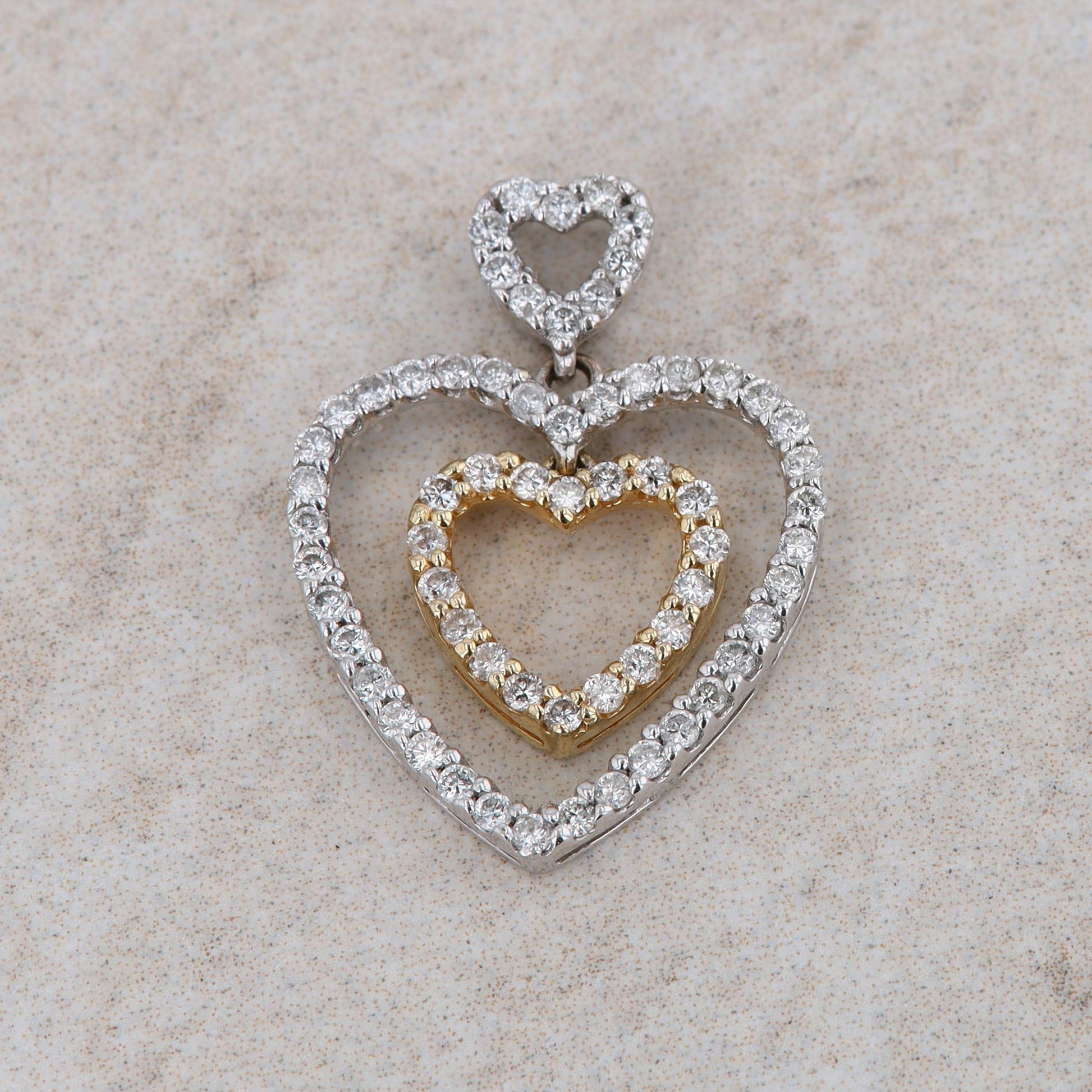 14k Two Tone Gold and Diamond Triple Heart Necklace