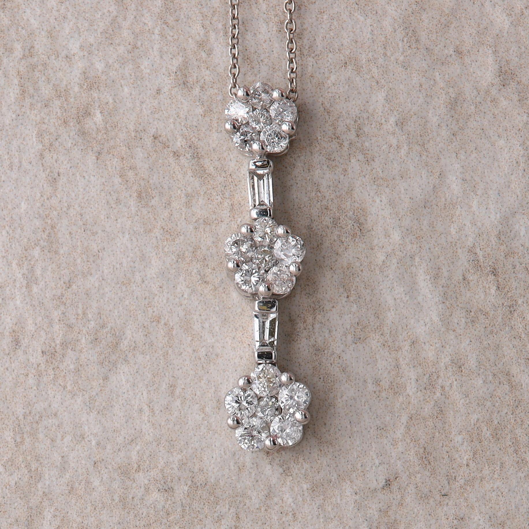 14k White Gold Three Diamond Cluster Necklace