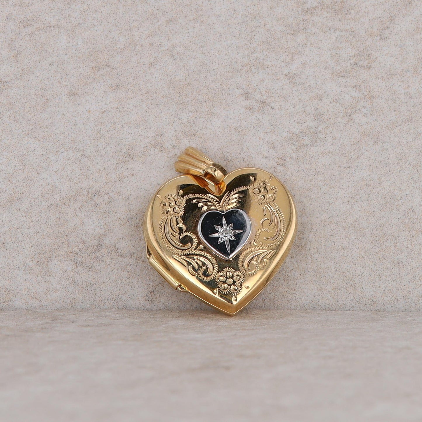 14k Yellow and White Gold Heart and Diamond Locket Pendant