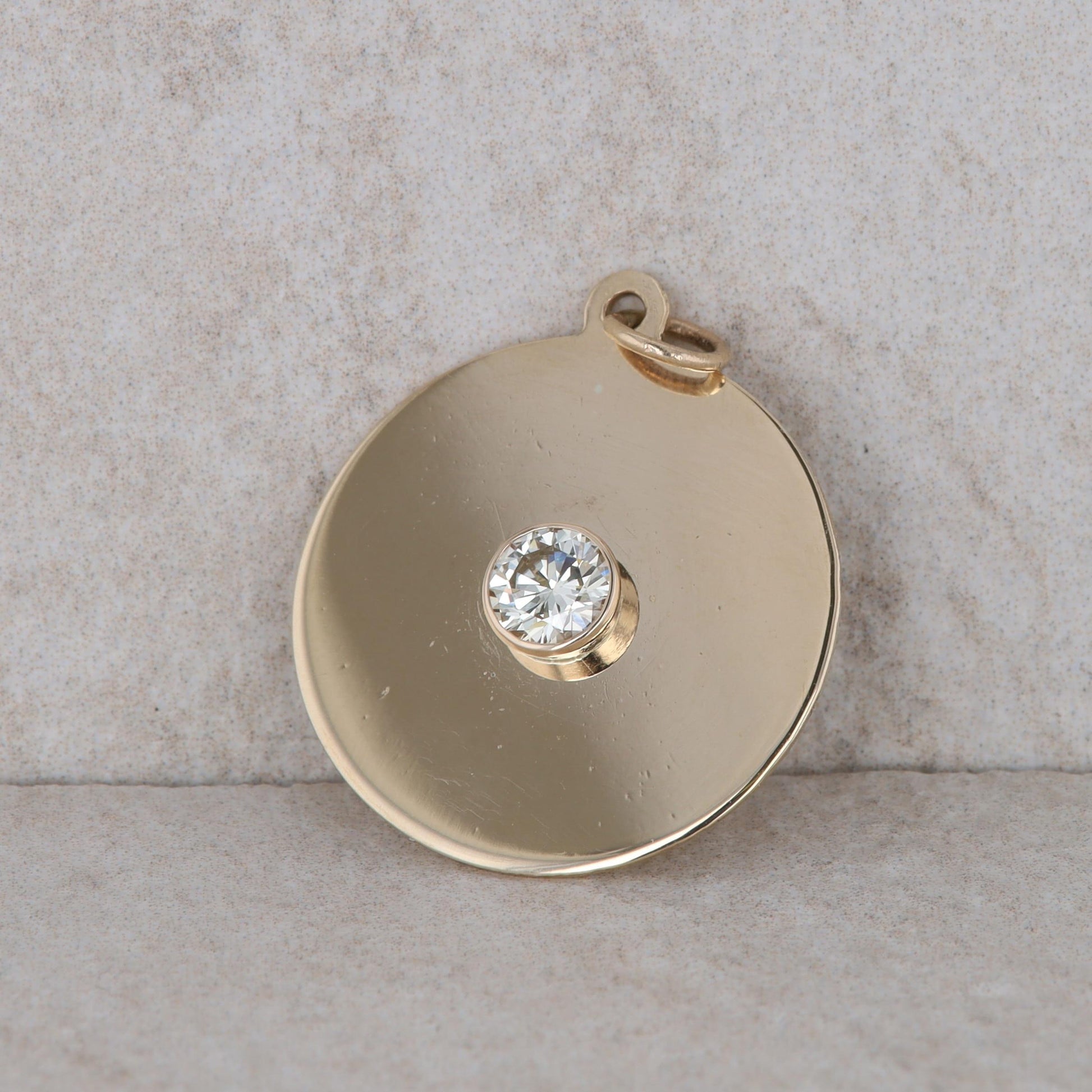 14k Yellow Gold Round Diamond Disc Circle Pendant