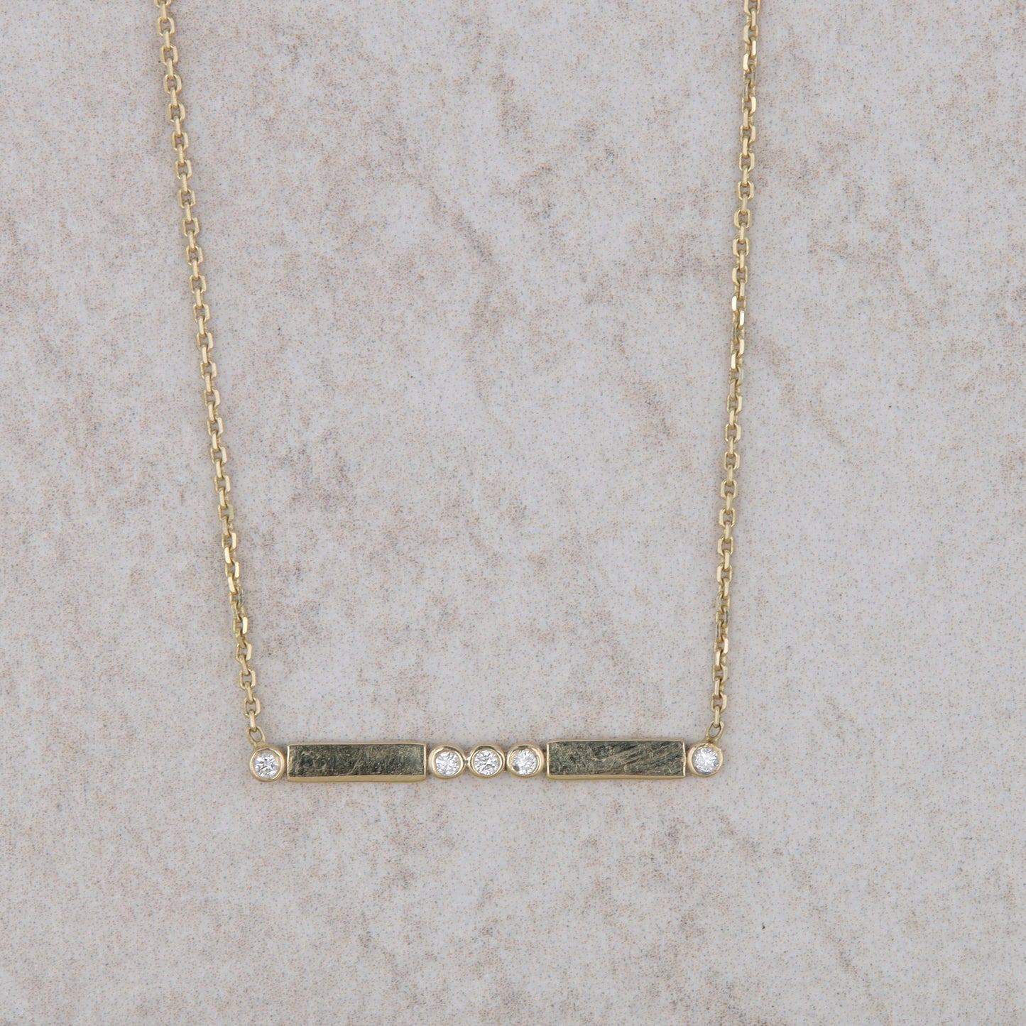 14k Yellow Gold Five Diamond Bezel Bar Style Necklace