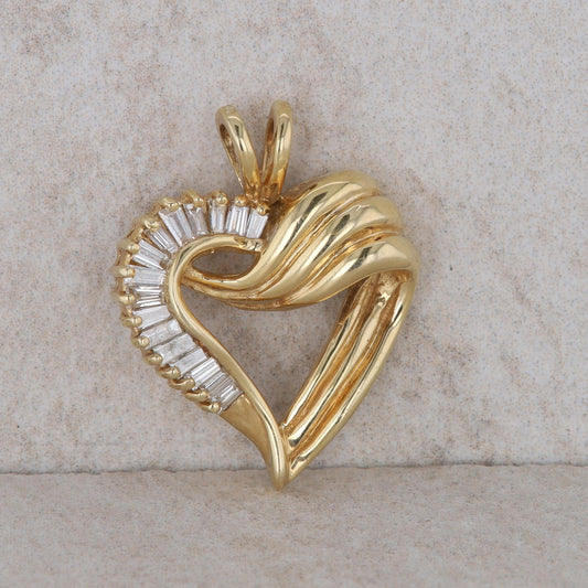 14k Yellow Gold Diamond Baguette Heart Shaped Pendant