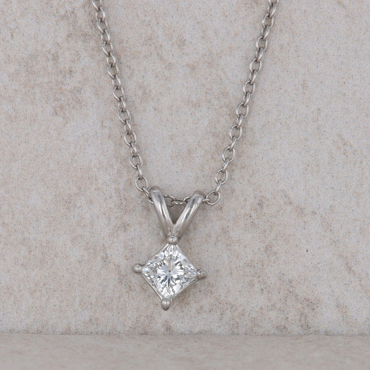 14k White Gold Square Modified Brilliant Solitaire Diamond Necklace