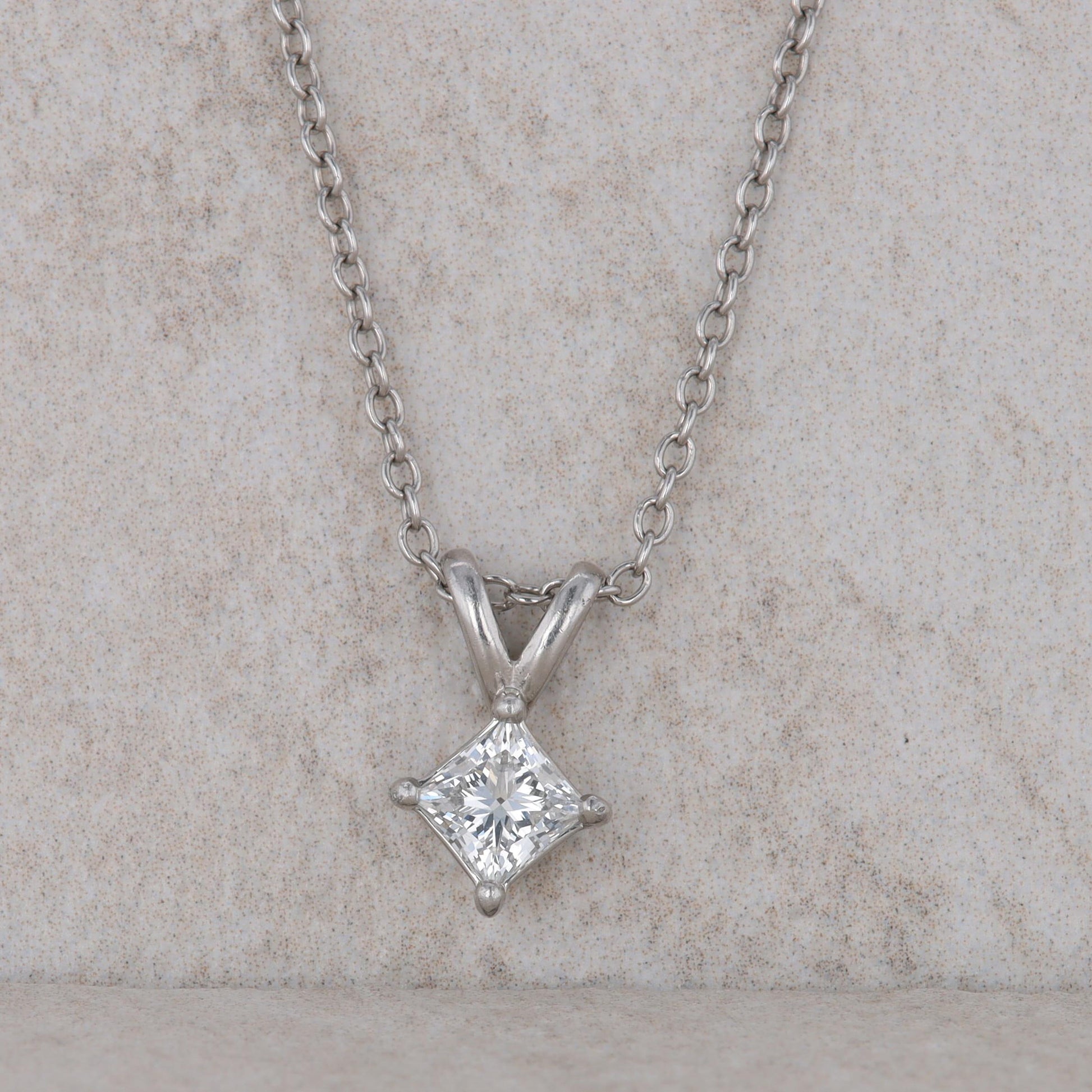 14k White Gold Square Modified Brilliant Solitaire Diamond Necklace