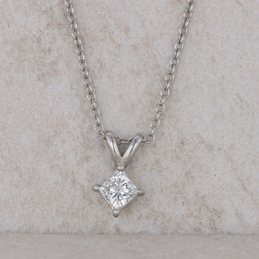 14k White Gold Square Modified Brilliant Solitaire Diamond Necklace