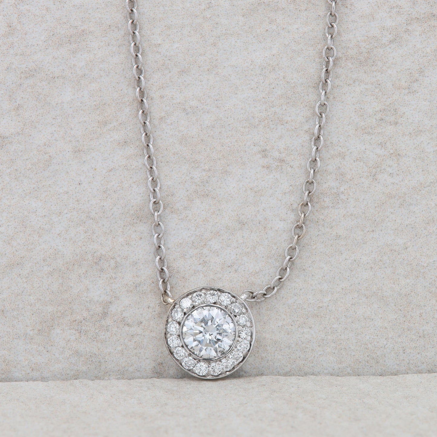 14k White Gold Round Diamond Halo Pendant Necklace