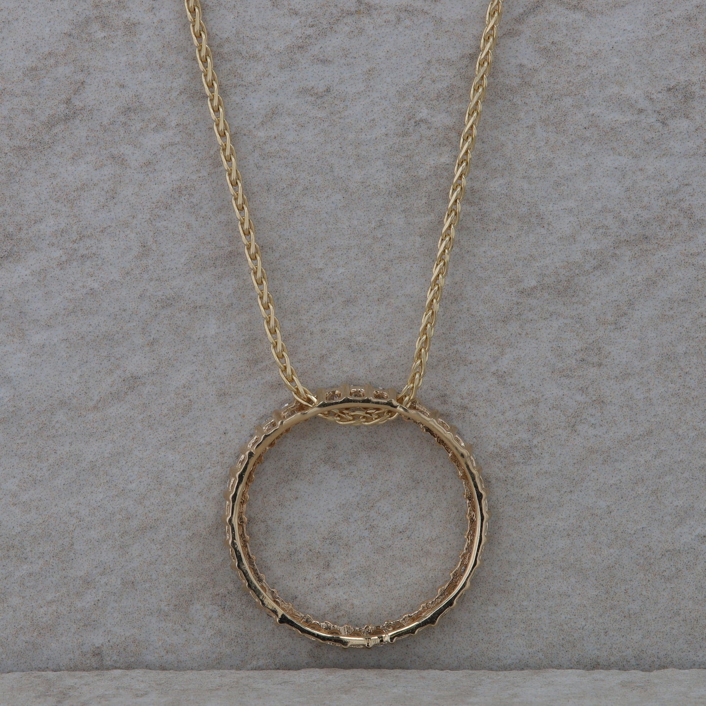 14k Yellow Gold 1.00 Carat Diamond Circle Pendant and Wheat Chain Necklace