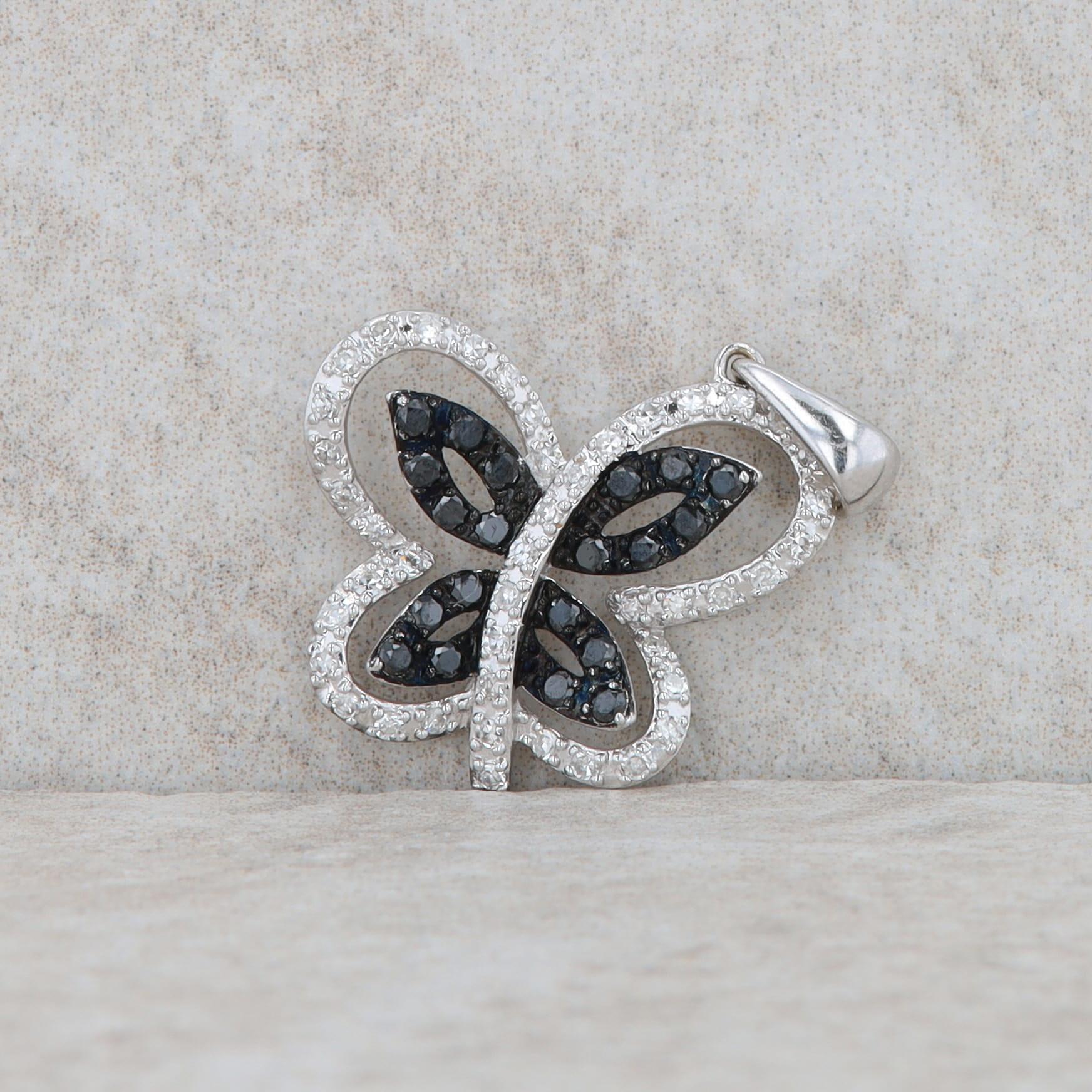 14k White Gold Diamond and Black Diamond Butterfly Pendant