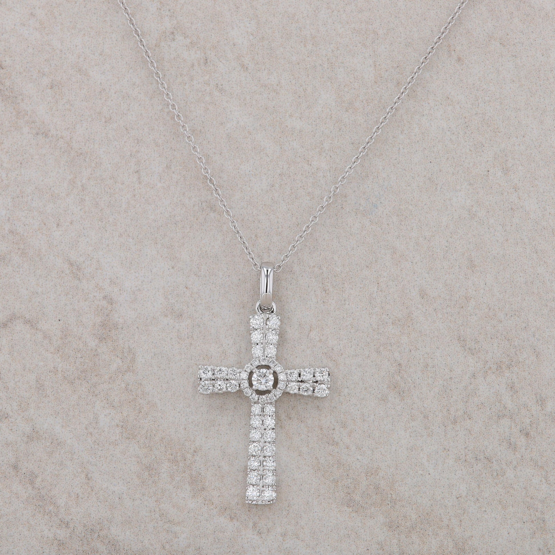 14k White Gold Diamond Double Row Cross Necklace