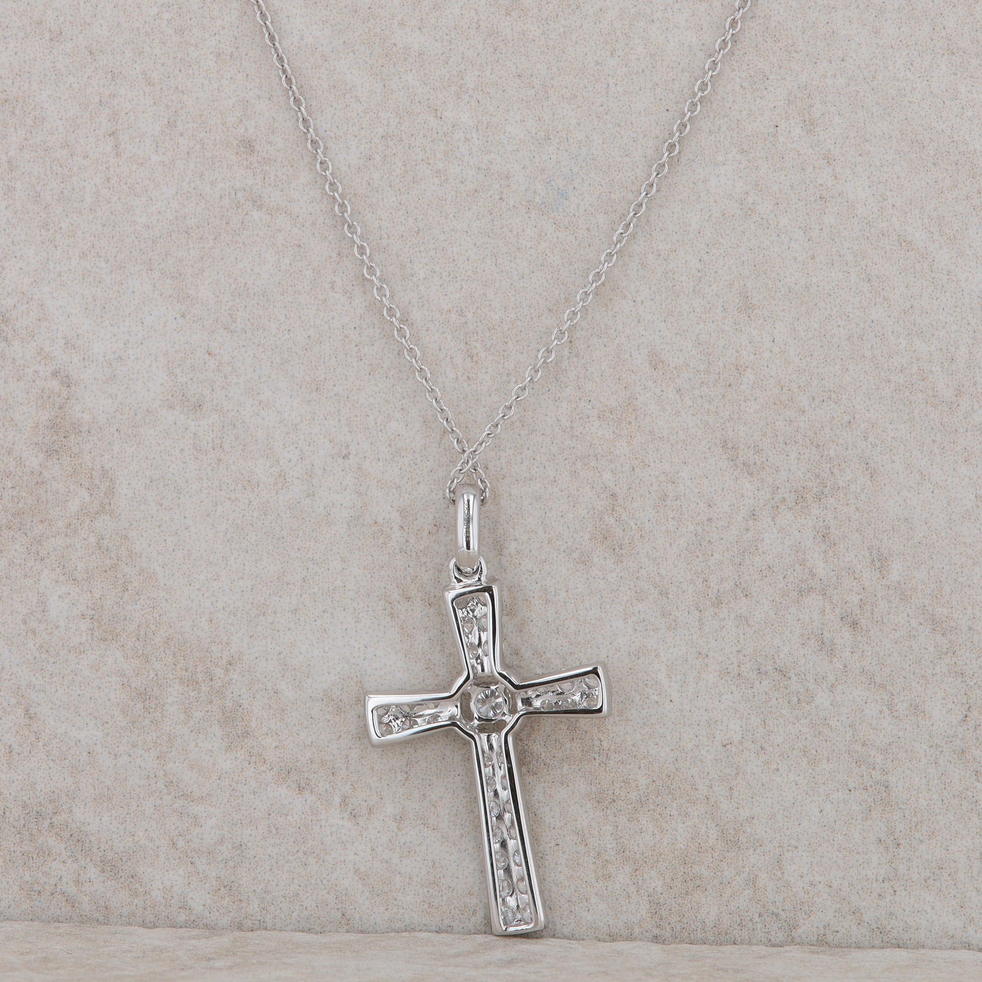 14k White Gold Diamond Double Row Cross Necklace