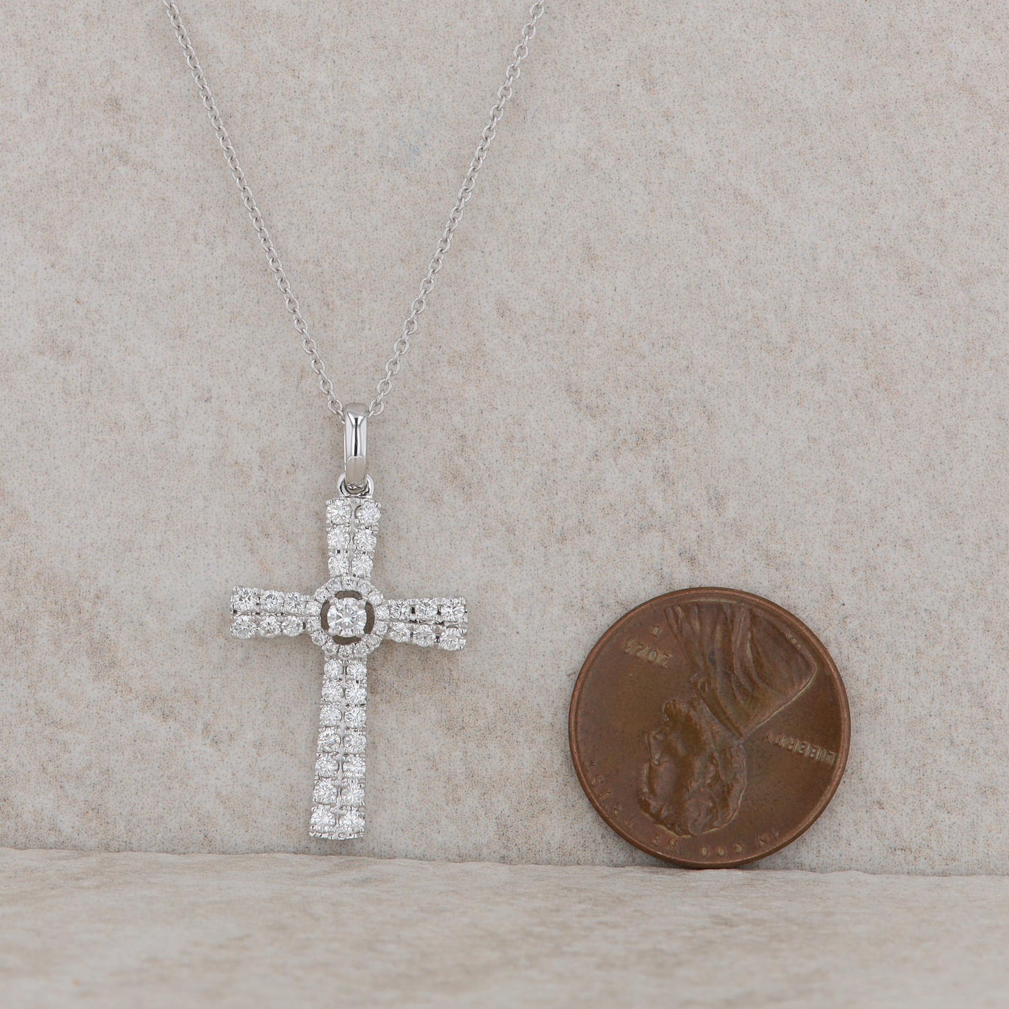 14k White Gold Diamond Double Row Cross Necklace